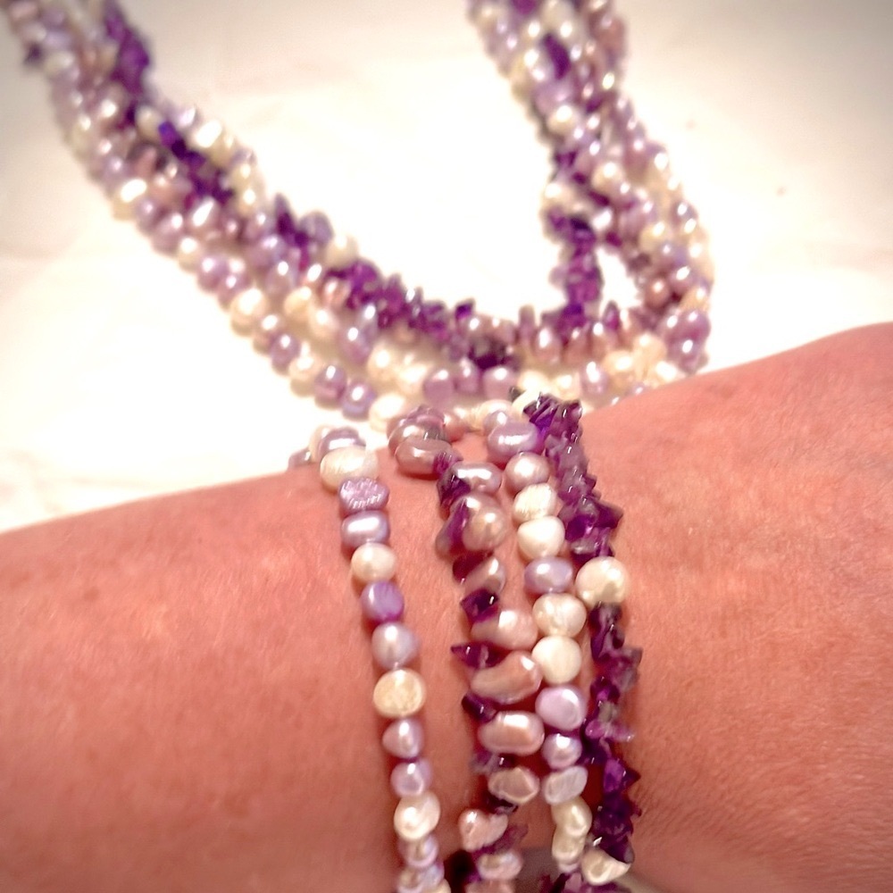 Ross-Simons Genuine Amethyst Freshwater Pearl 4 Strand Necklace Bracelet Set 10k